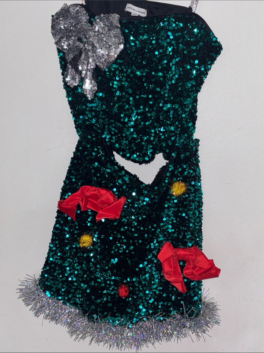 love on a hanger Green Sequin Holiday Dress with Red and Silver Accents